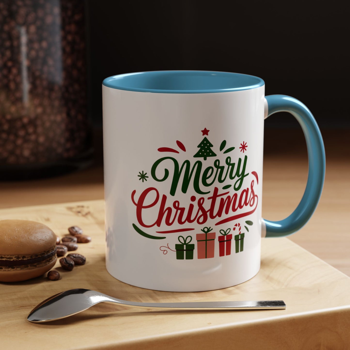 Christmas Mug - Merry Christmas Green & Red Text Tree Snowflakes Presents