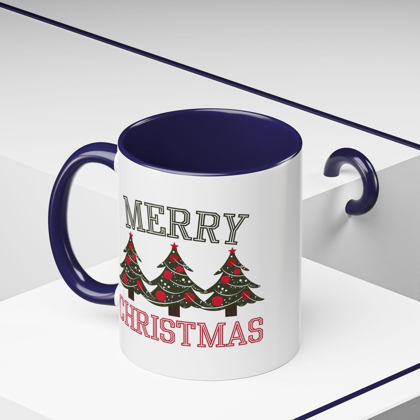 Christmas Mug - Merry Christmas Green & Red Text Decorative Trees