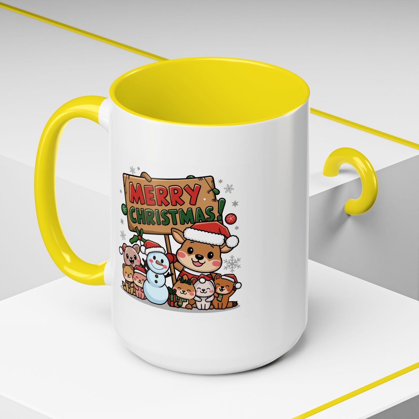 Christmas Mug - Merry Christmas Red & Green Text Reindeer Snowman