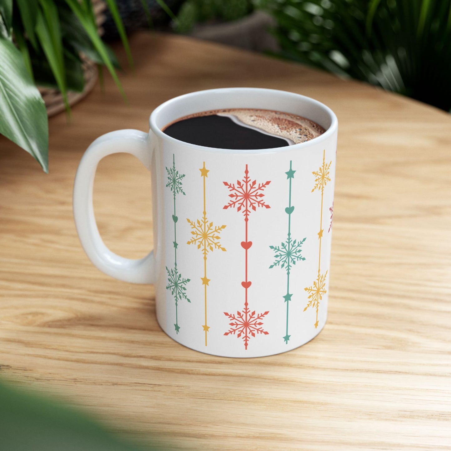 Christmas Mug - Green Yellow & Red Snowflakes Pattern