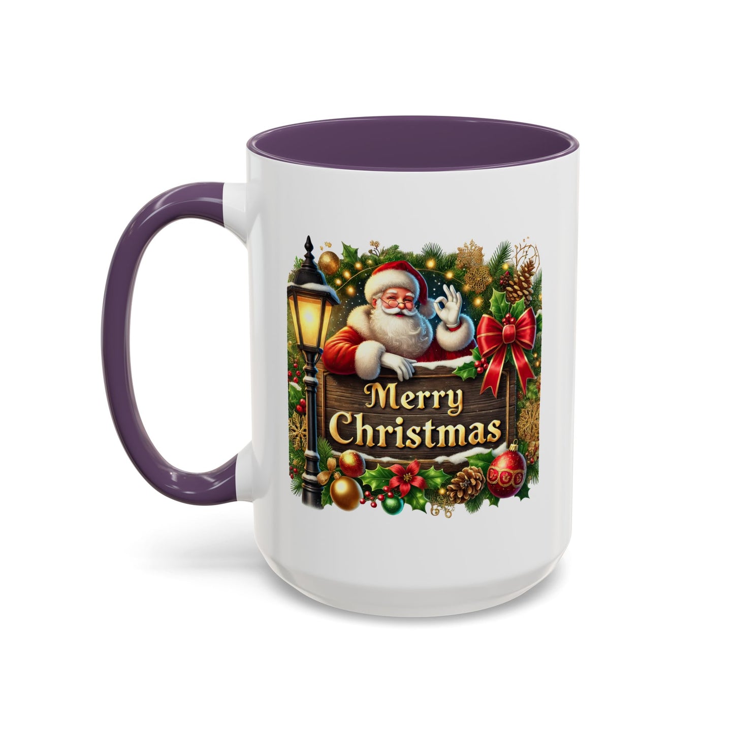 Christmas Mug - Merry Christmas Cream Text Santa Ok Light Bow Ornaments