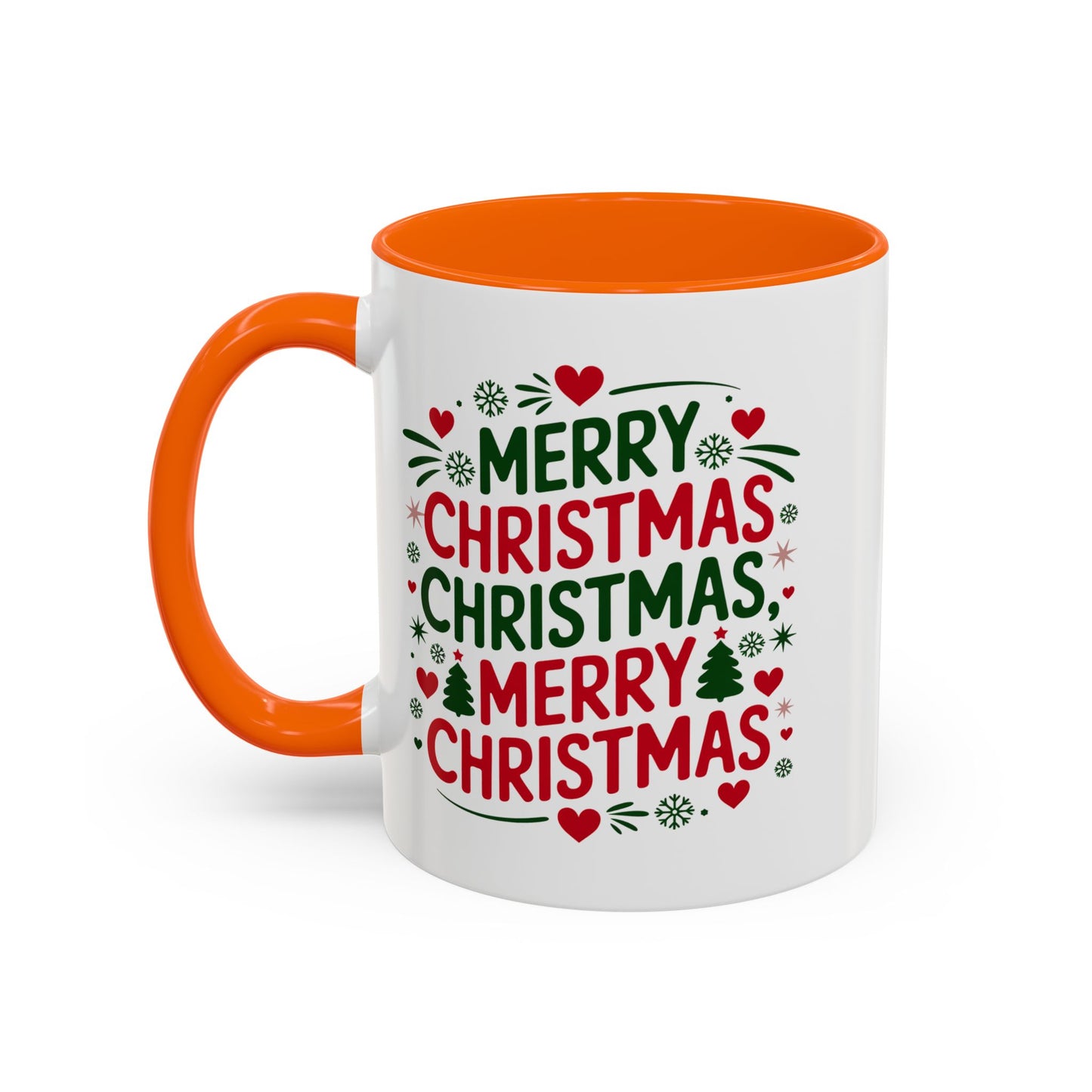 Christmas Mug - Merry Christmas Green & Red Text Trees Hearts Snowflakes Stars