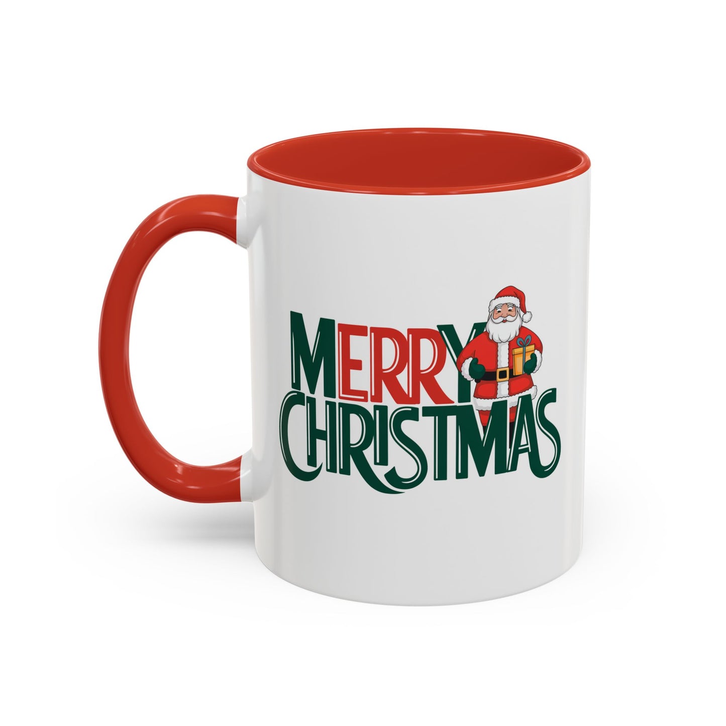 Christmas Mug - Merry Christmas Green & Red Text Santa Present