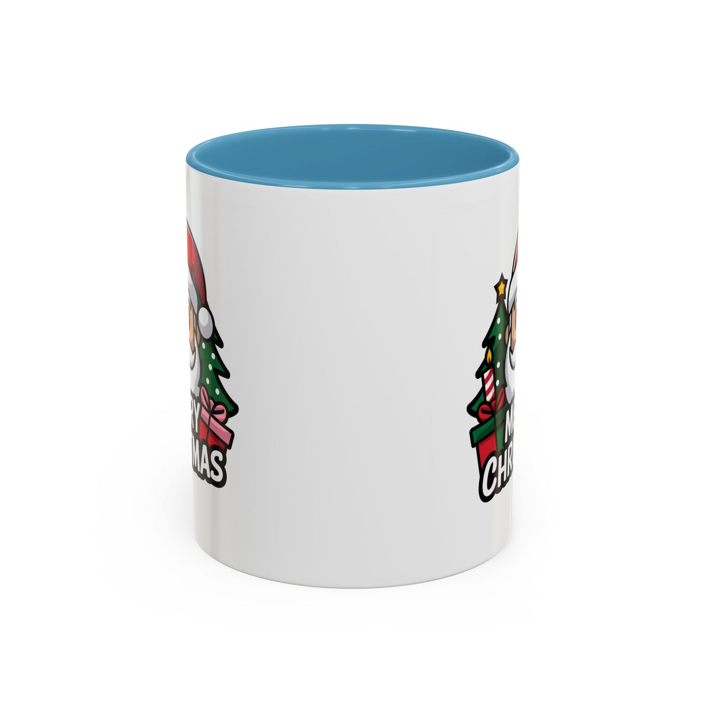 Christmas Mug - Merry Christmas White & Black Text Santa Trees Presents