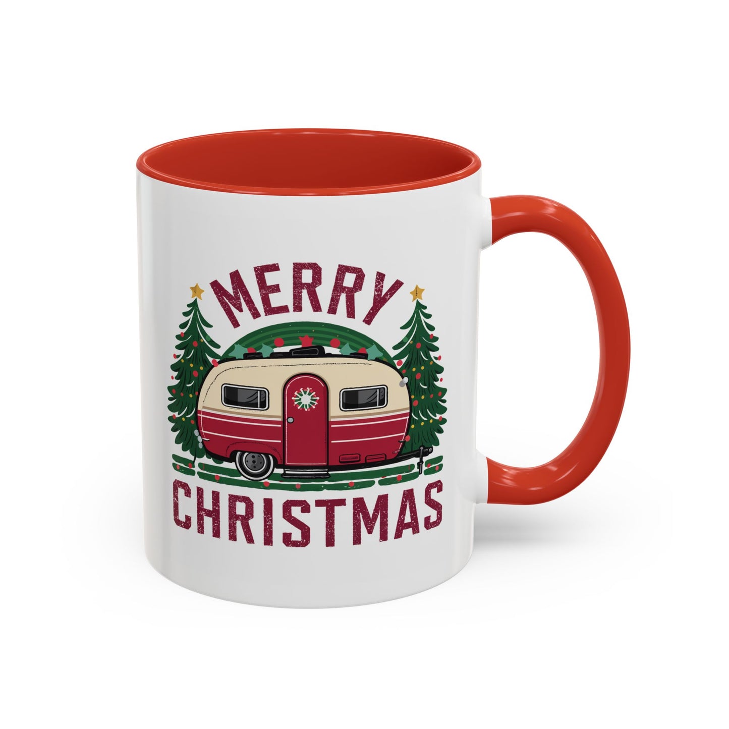 Christmas Mug - Merry Christmas Maroon Text Camper Trees