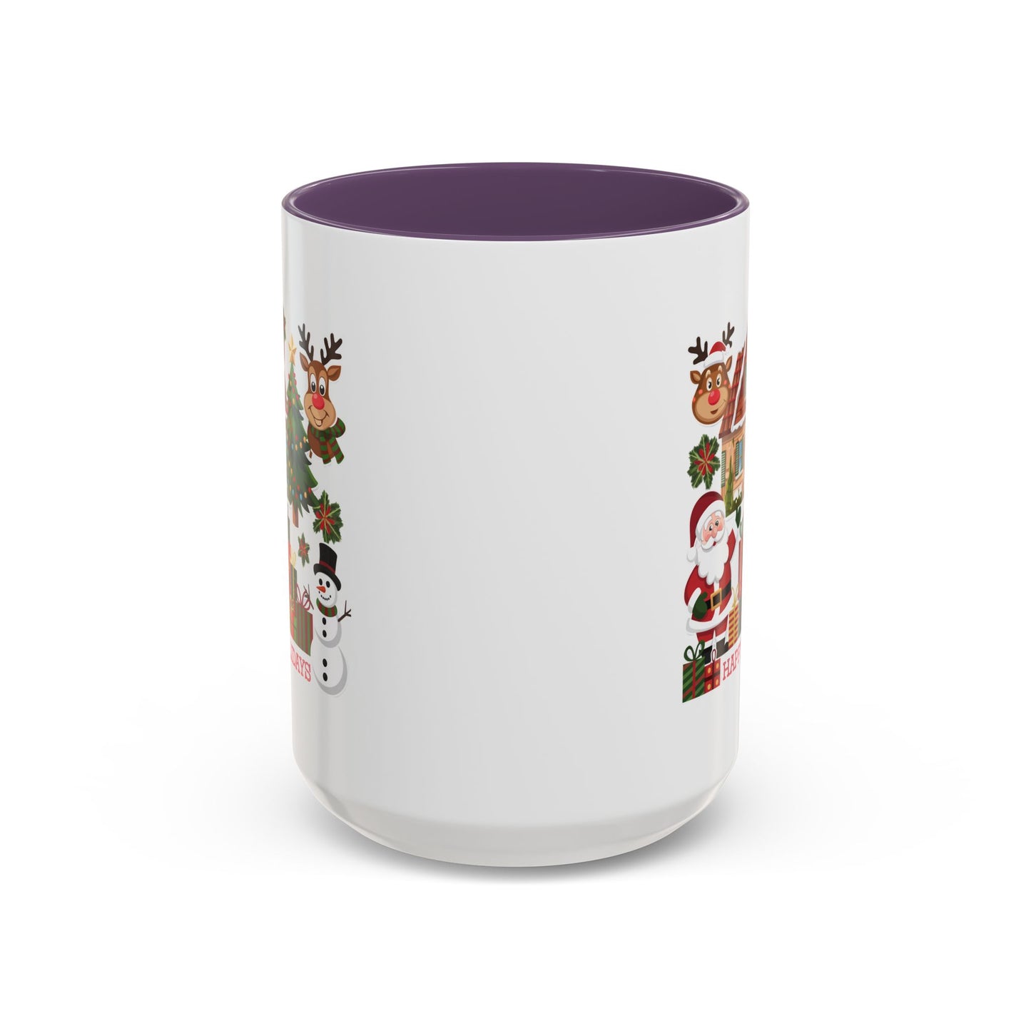 Christmas Mug - Happy Holidays Red Text Reindeer Santa Snowman Presents