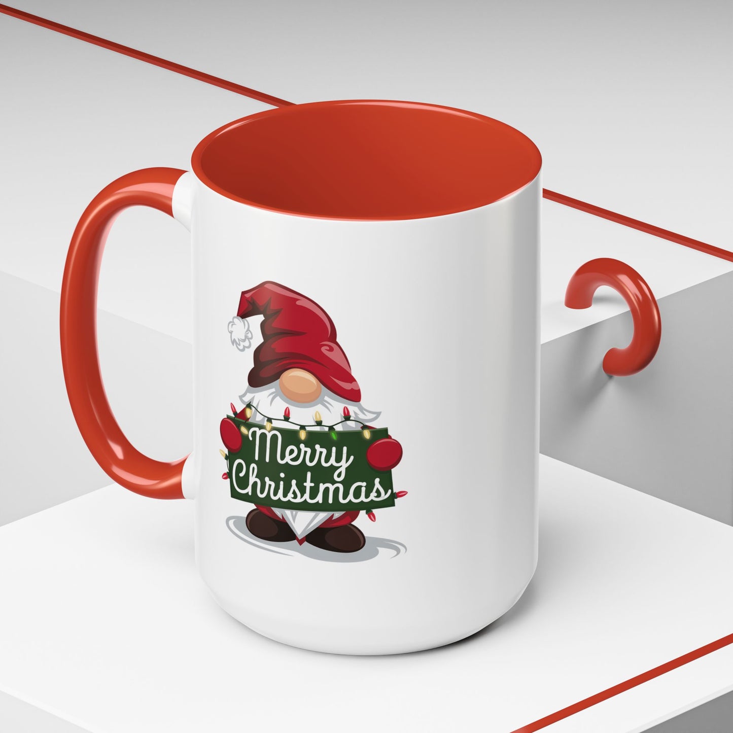 Christmas Mug - Merry Christmas White & Green Text Gnome Lights