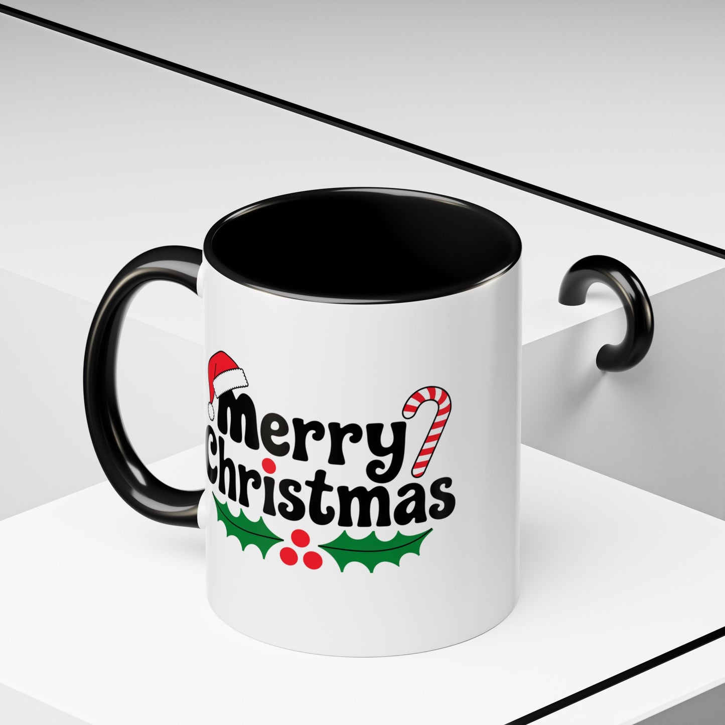 Christmas Mug - Merry Christmas Black Text Hat Candy Cane Mistletoe