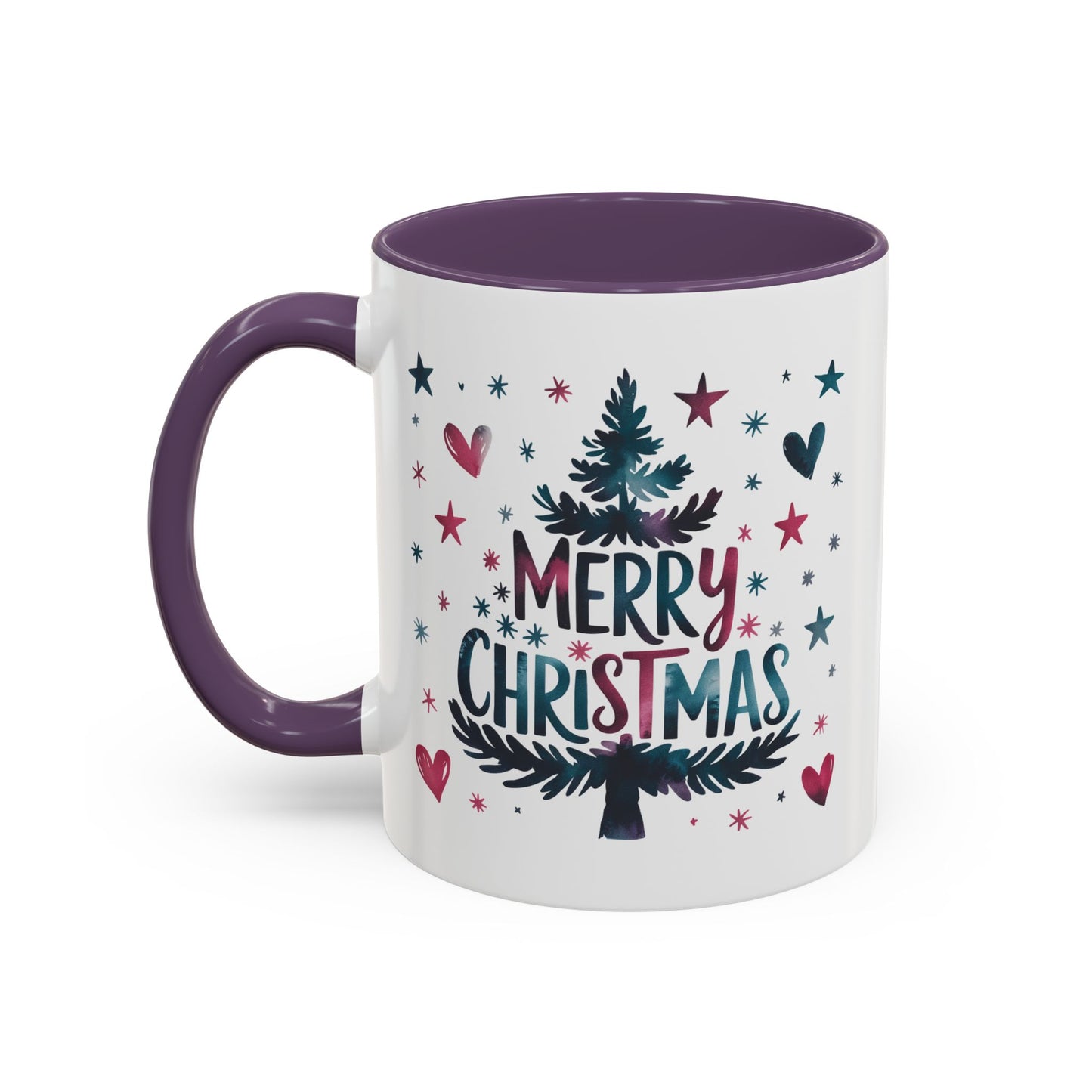 Christmas Mug - Merry Christmas Maroon & Blue Text Tree Hearts Stars