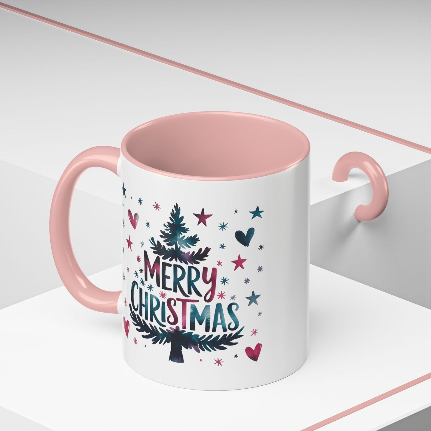 Christmas Mug - Merry Christmas Maroon & Blue Text Tree Hearts Stars