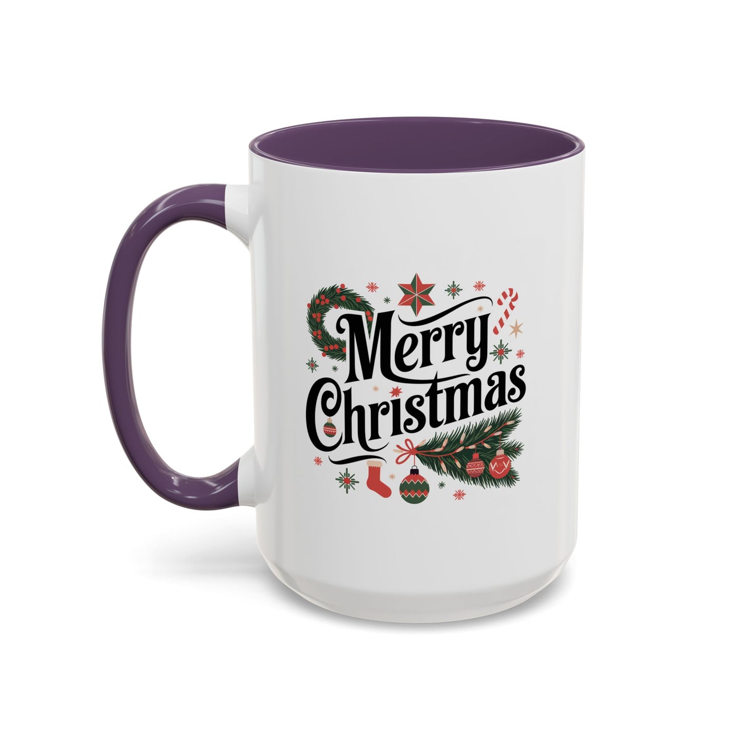 Christmas Mug - Merry Christmas Black Text Star Stocking Ornament Candy Cane