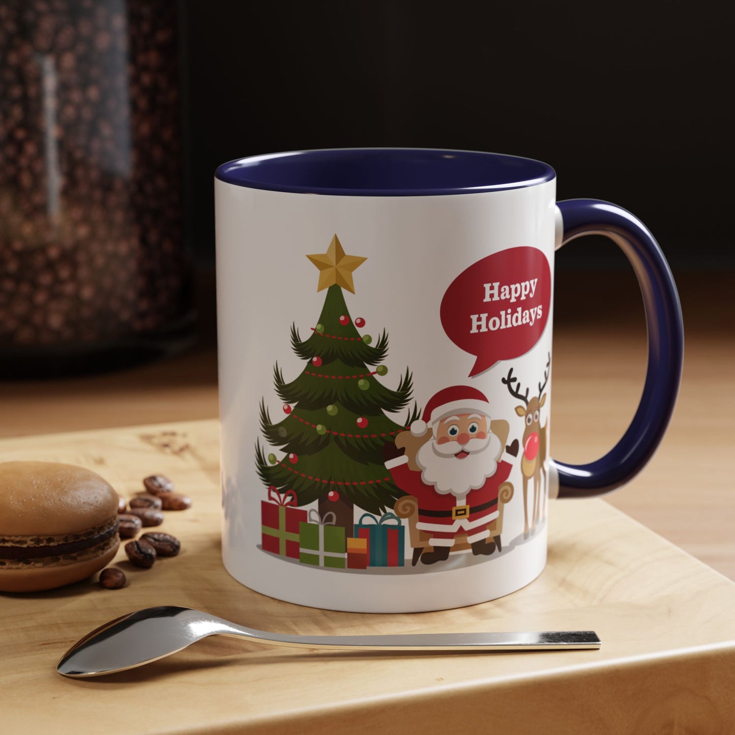 Christmas Mug - Happy Holidays Callout Santa Tree Presents Reindeer