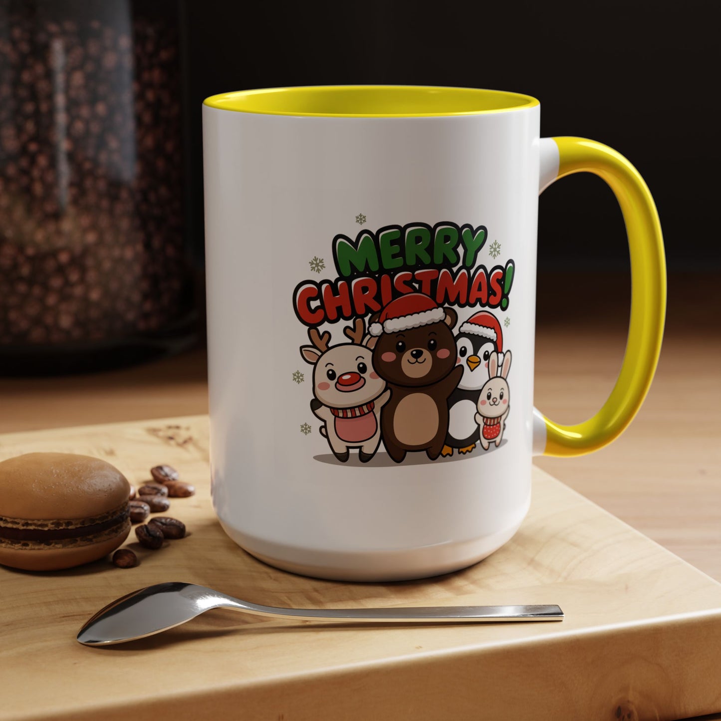Christmas Mug - Merry Christmas Green & Red Text Cute Animals