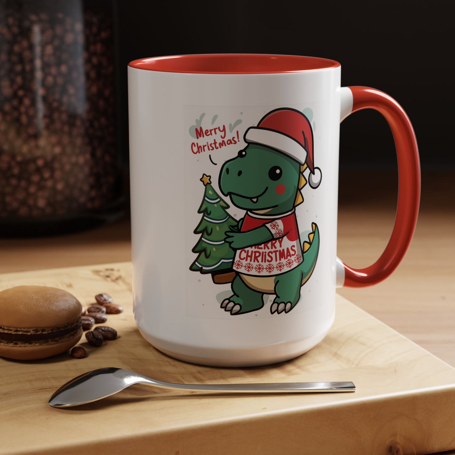 Christmas Mug - Merry Christmas Red Text Dinosaur Tree