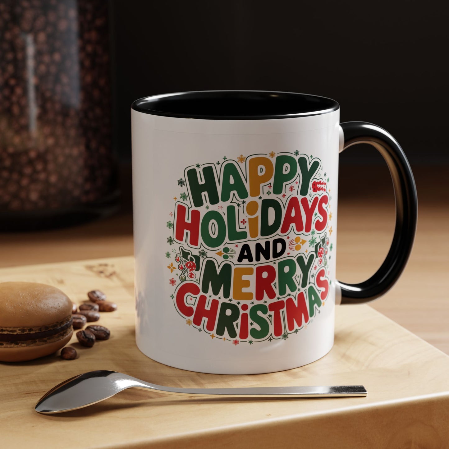 Christmas Mug - Happy Holidays and Merry Christmas Blue Green Yellow Red Text