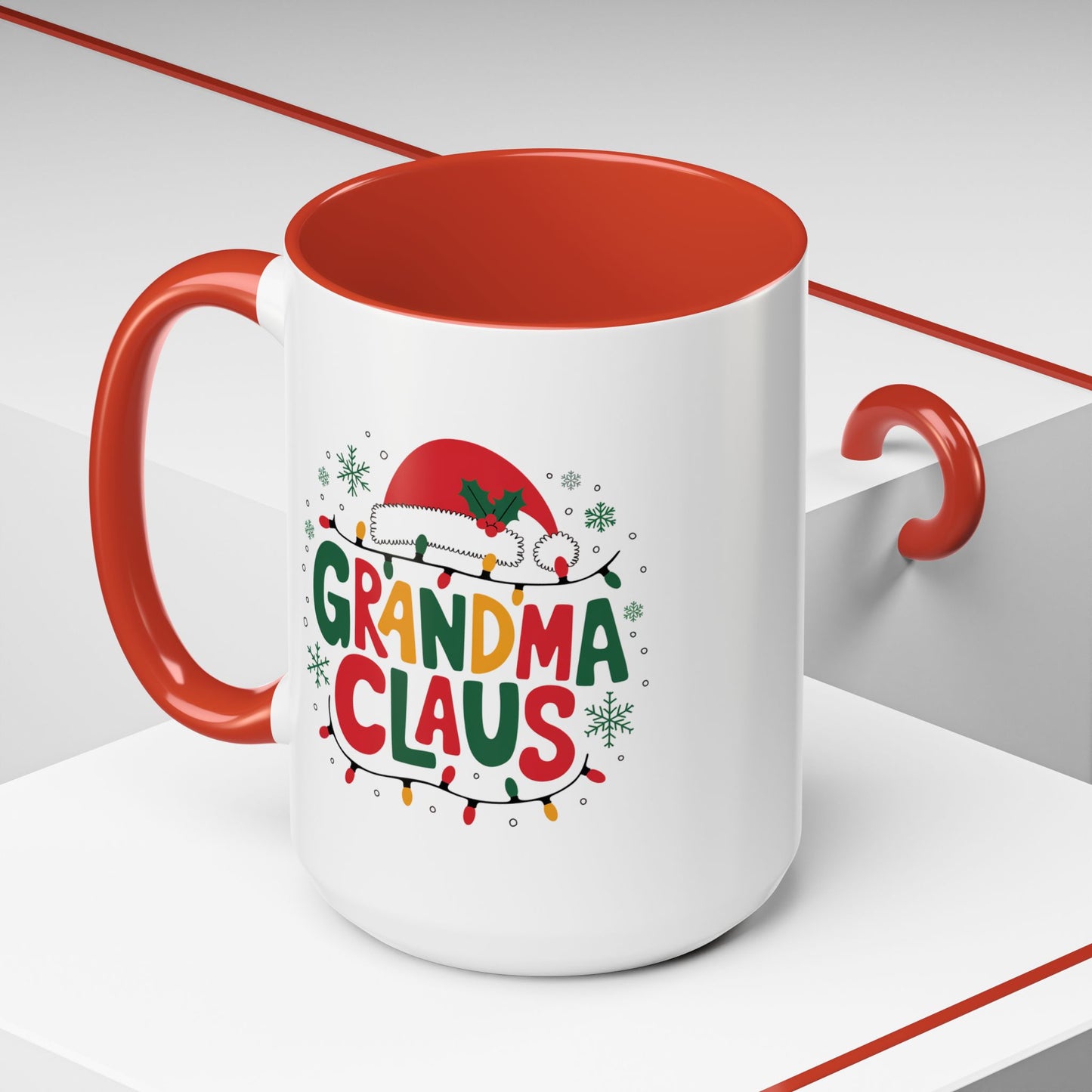 Christmas Mug - Grandma Claus Green Yellow & Red Text Hat Lights Stars