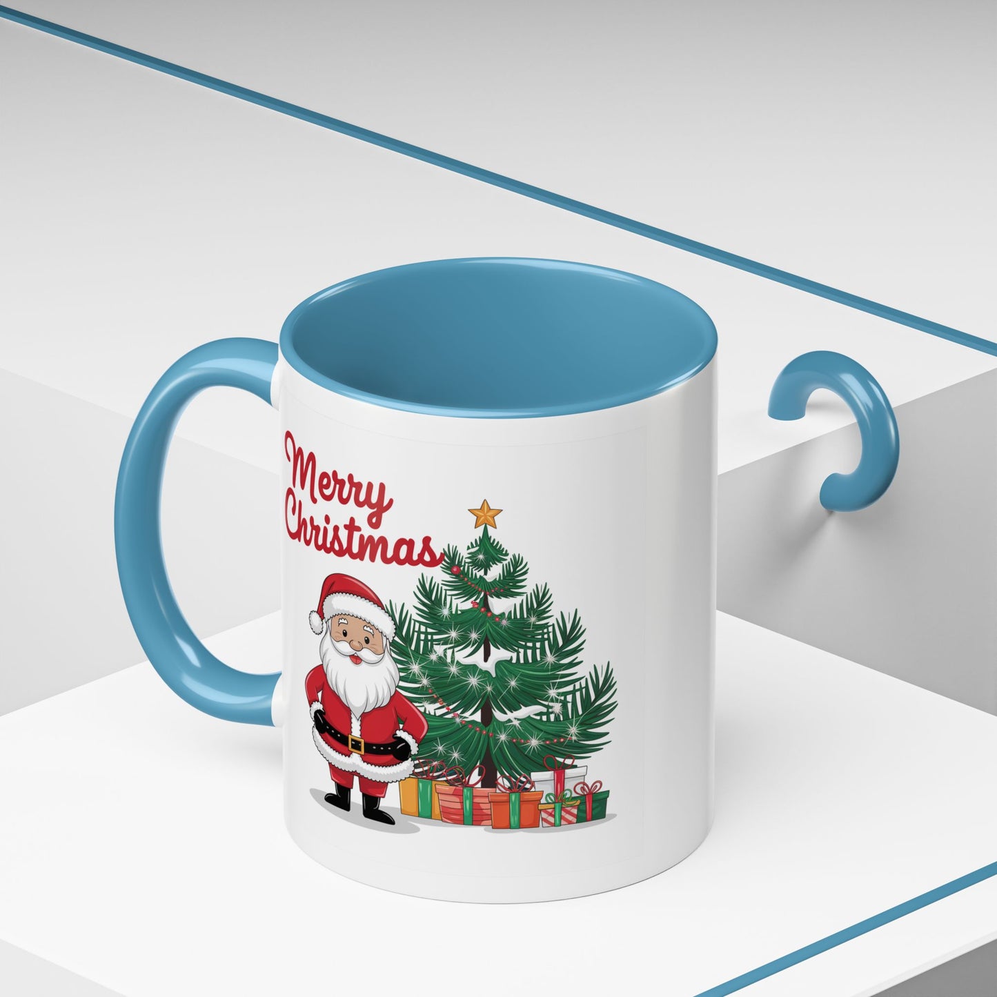 Christmas Mug - Merry Christmas Red Text Santa Tree Presents