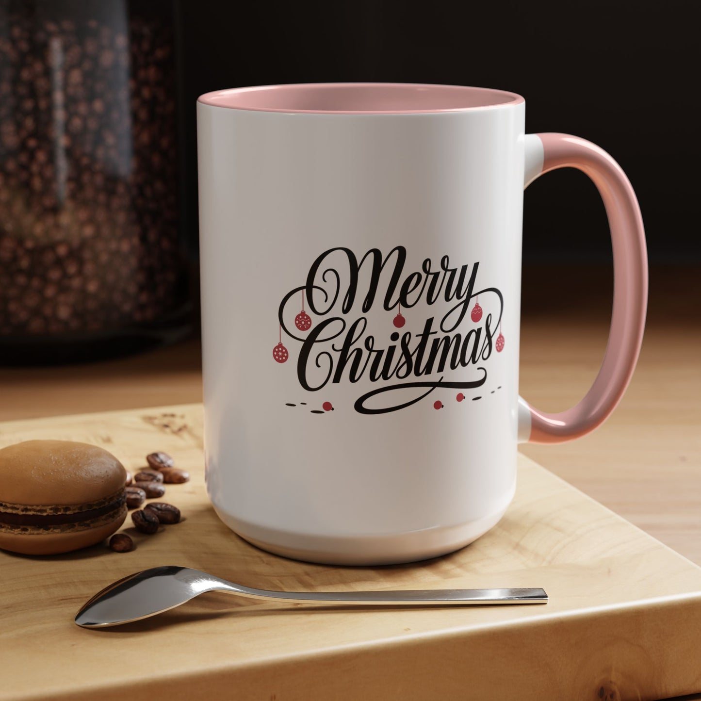 Christmas Mug - Merry Christmas Black Text Red Ornaments