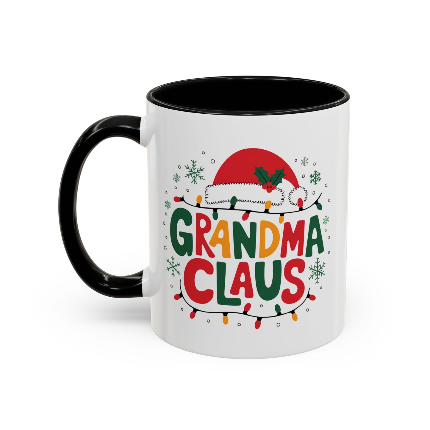 Christmas Mug - Grandma Claus Green Yellow & Red Text Hat Lights Stars