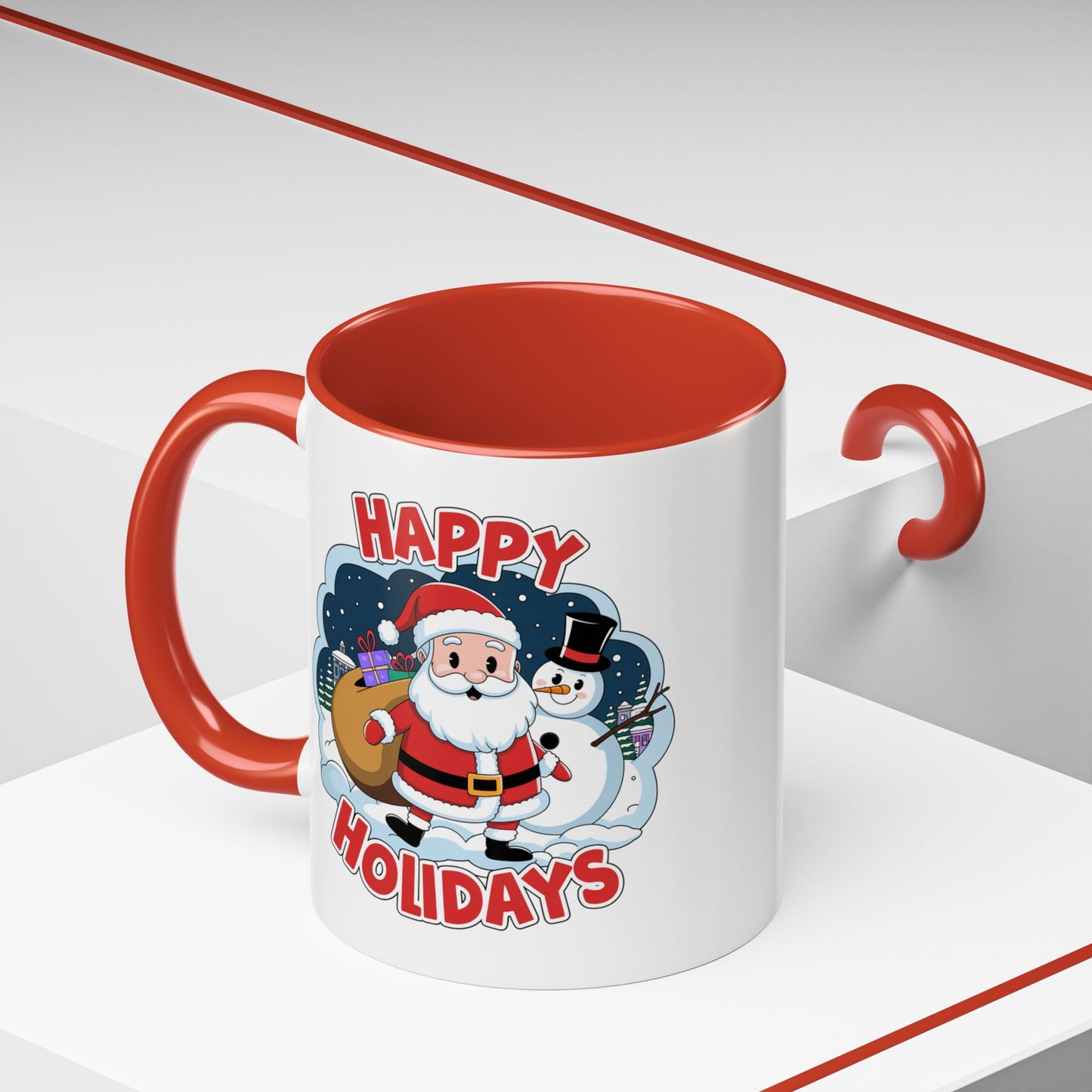 Christmas Mug - Happy Holidays Red & White Text Santa Snowman