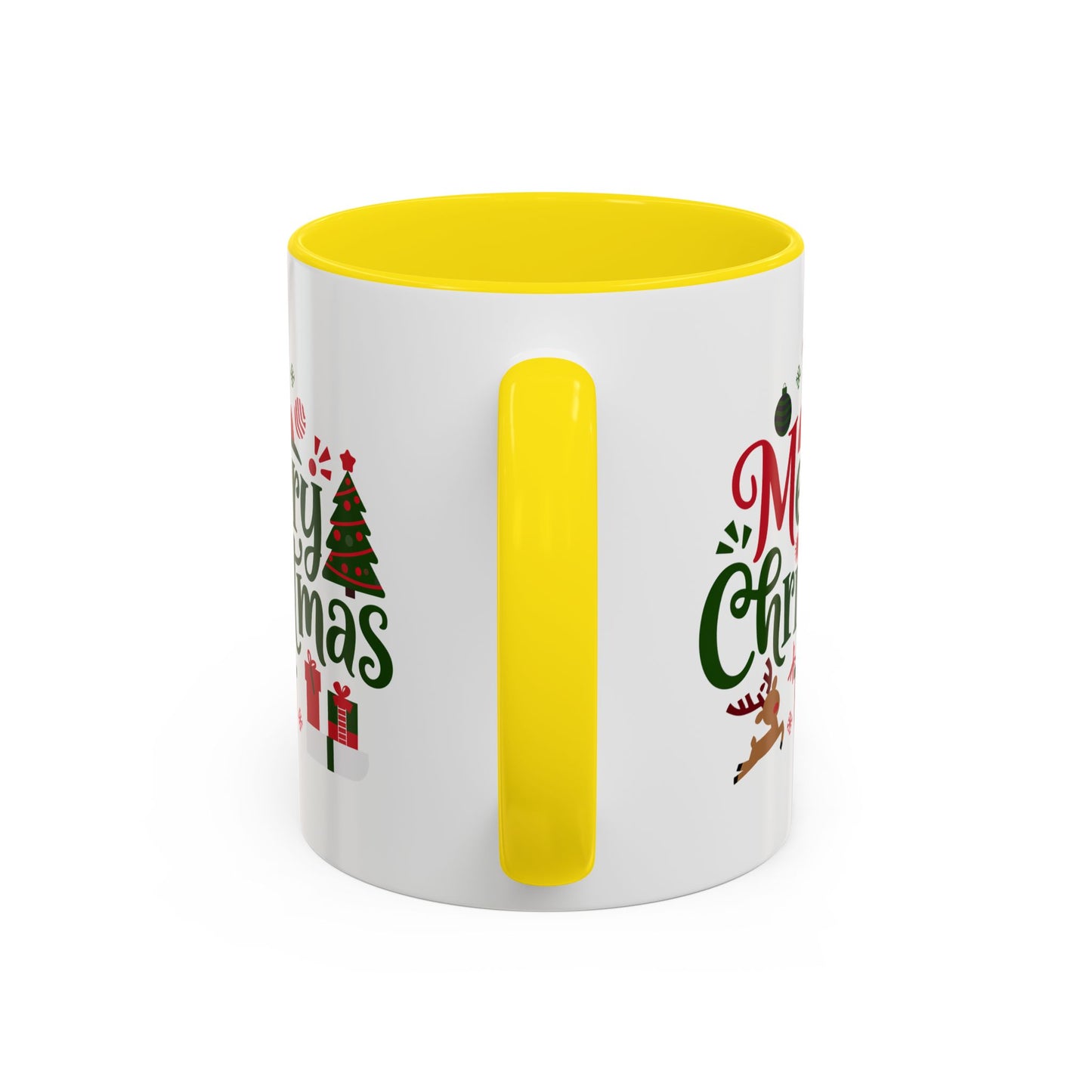 Christmas Mug - Merry Christmas Red & Green Text Santa Reindeer Tree Sleigh Ornaments