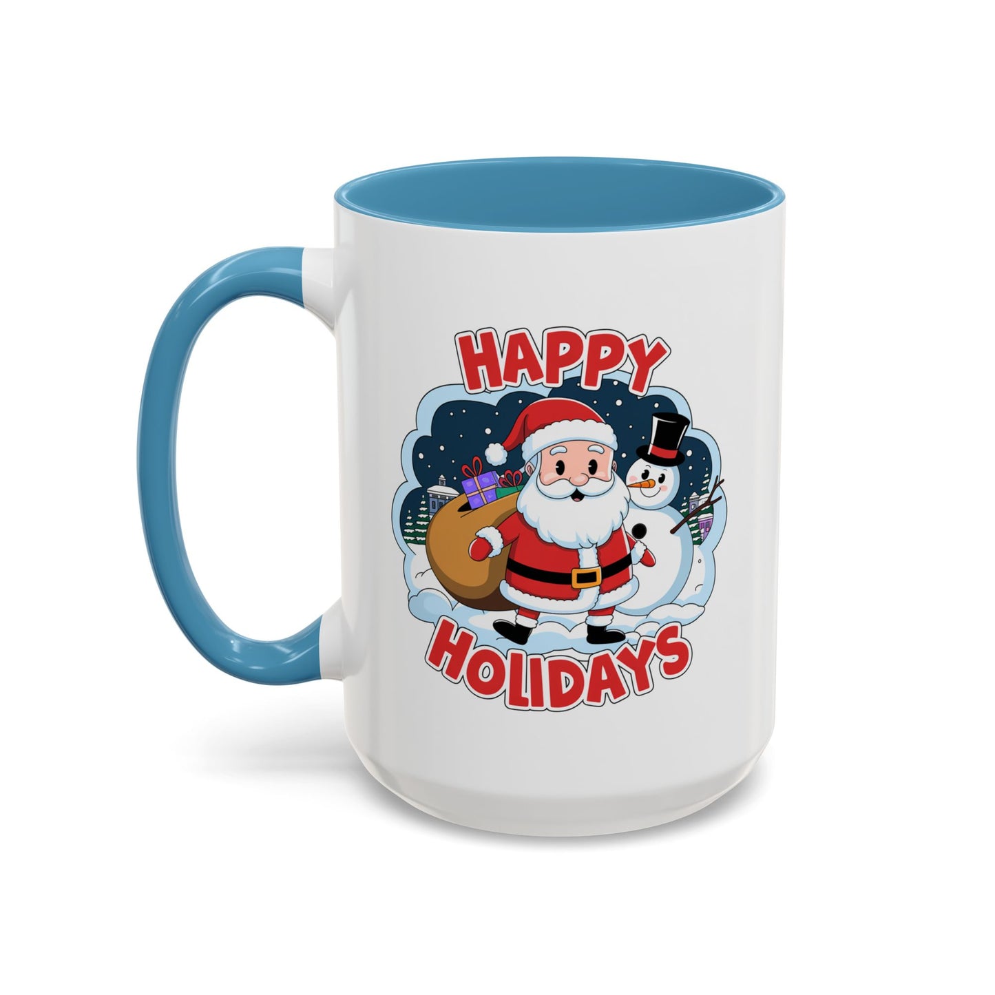 Christmas Mug - Happy Holidays Red & White Text Santa Snowman