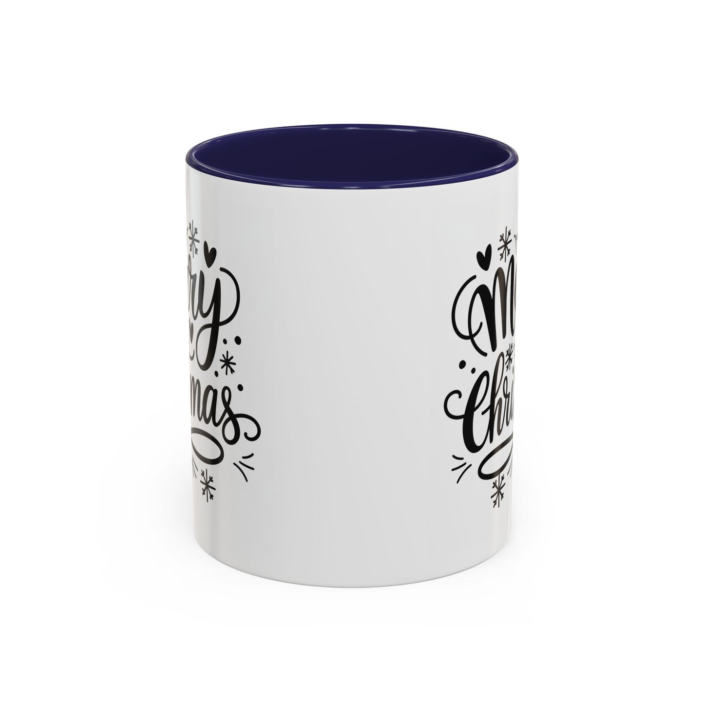 Christmas Mug - Merry Christmas Black Text Tree Snowflakes Hearts