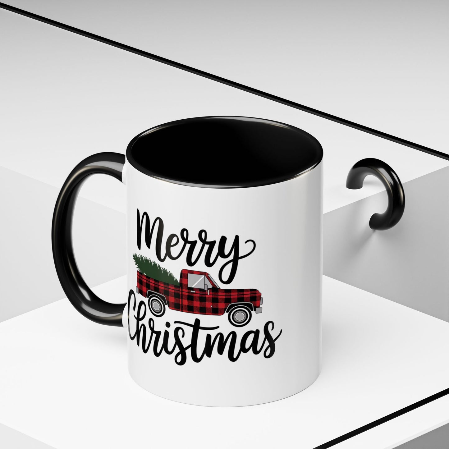 Christmas Mug - Merry Christmas Black Text Tartan Truck
