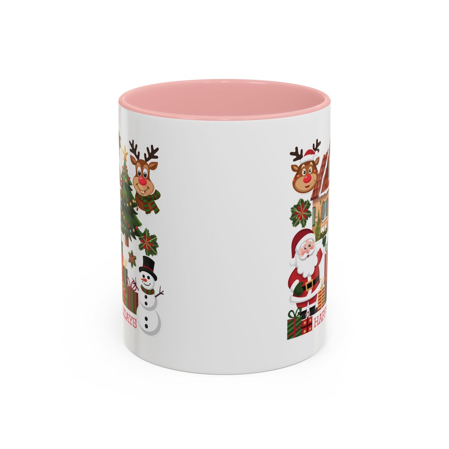 Christmas Mug - Happy Holidays Red Text Reindeer Santa Snowman Presents