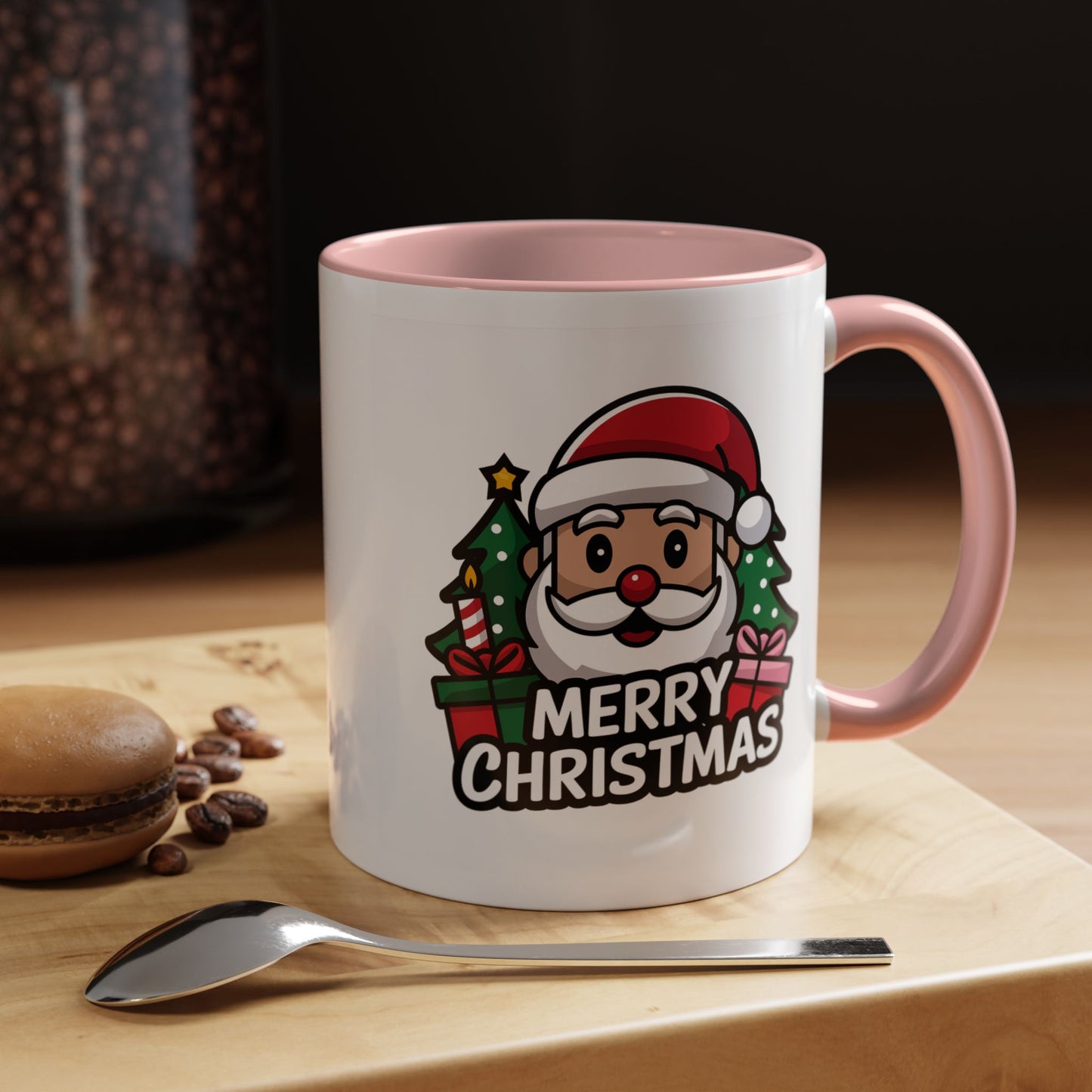 Christmas Mug - Merry Christmas White & Black Text Santa Trees Presents