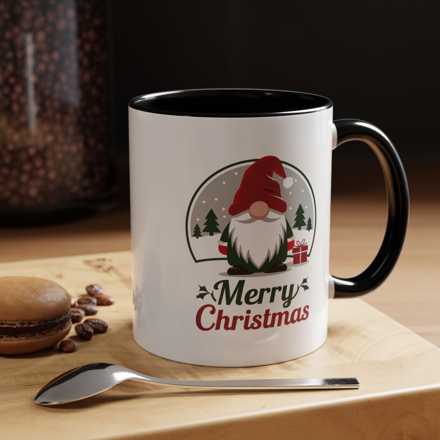 Christmas Mug - Merry Christmas Green & Red Text Gnome Present Trees