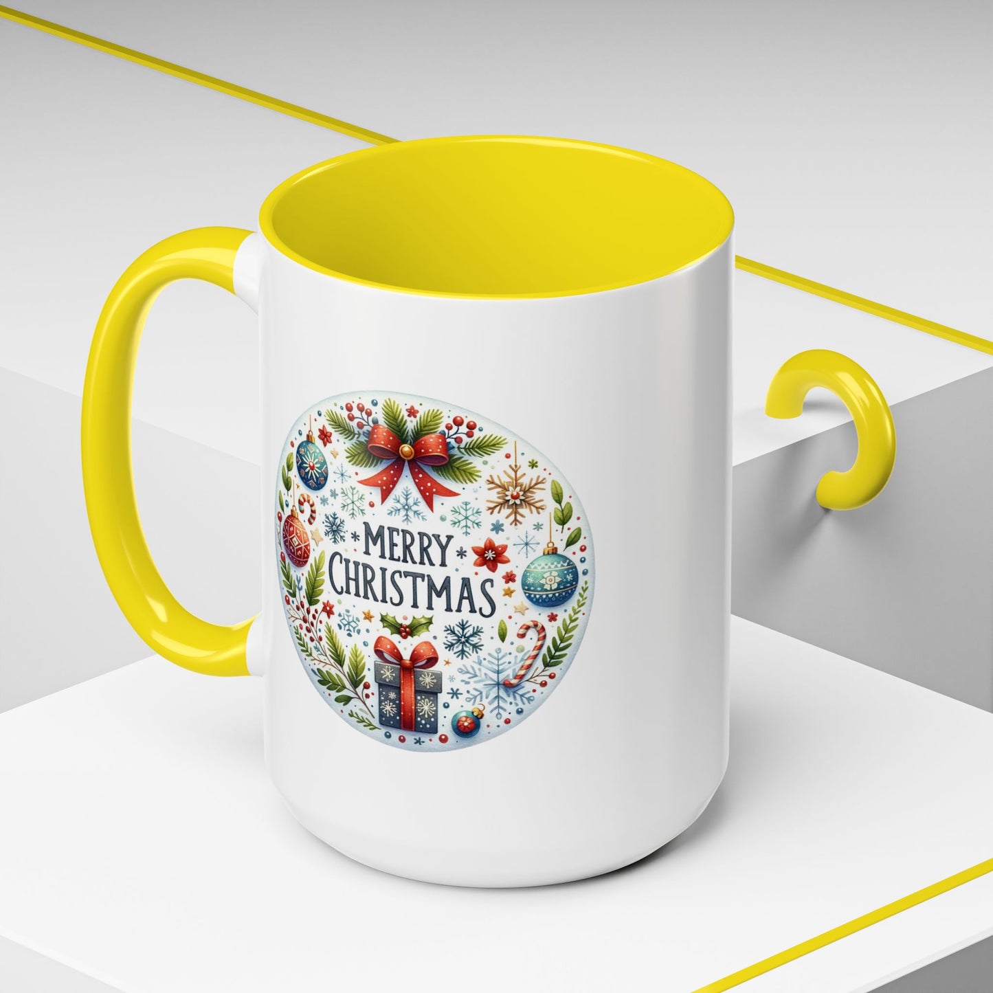 Christmas Mug - Merry Christmas Blue Text Bow Present Ornaments
