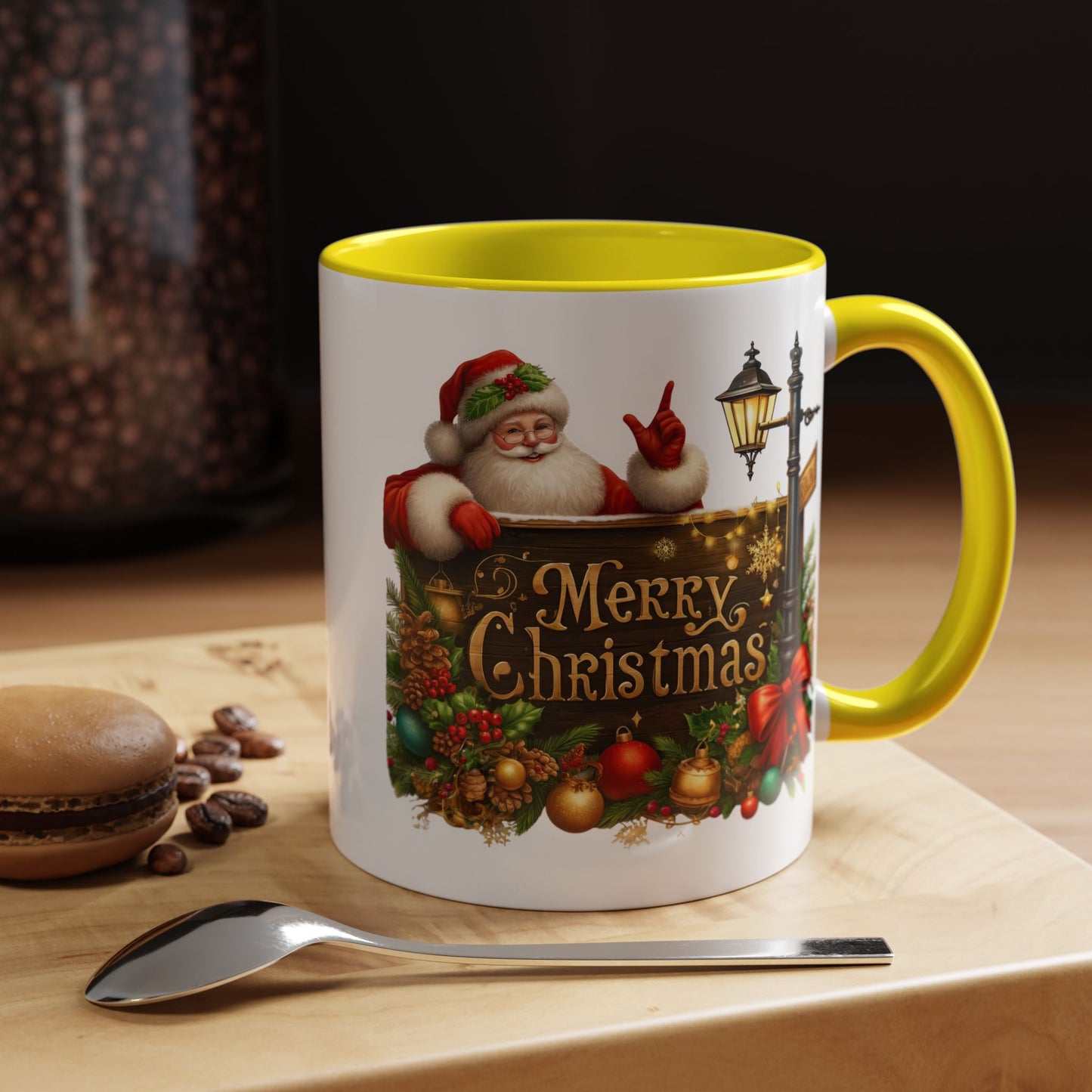 Christmas Mug - Merry Christmas Gold Text Santa Point Ornaments