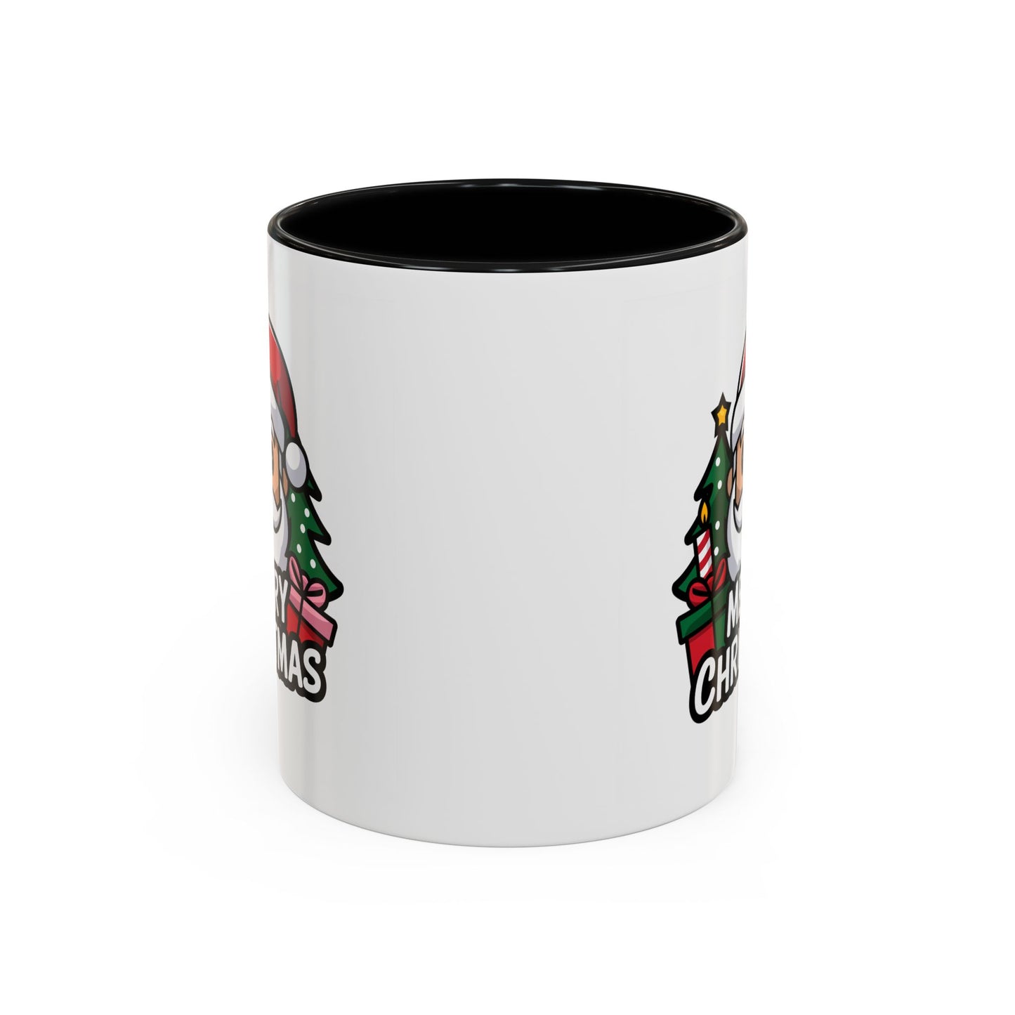 Christmas Mug - Merry Christmas White & Black Text Santa Trees Presents