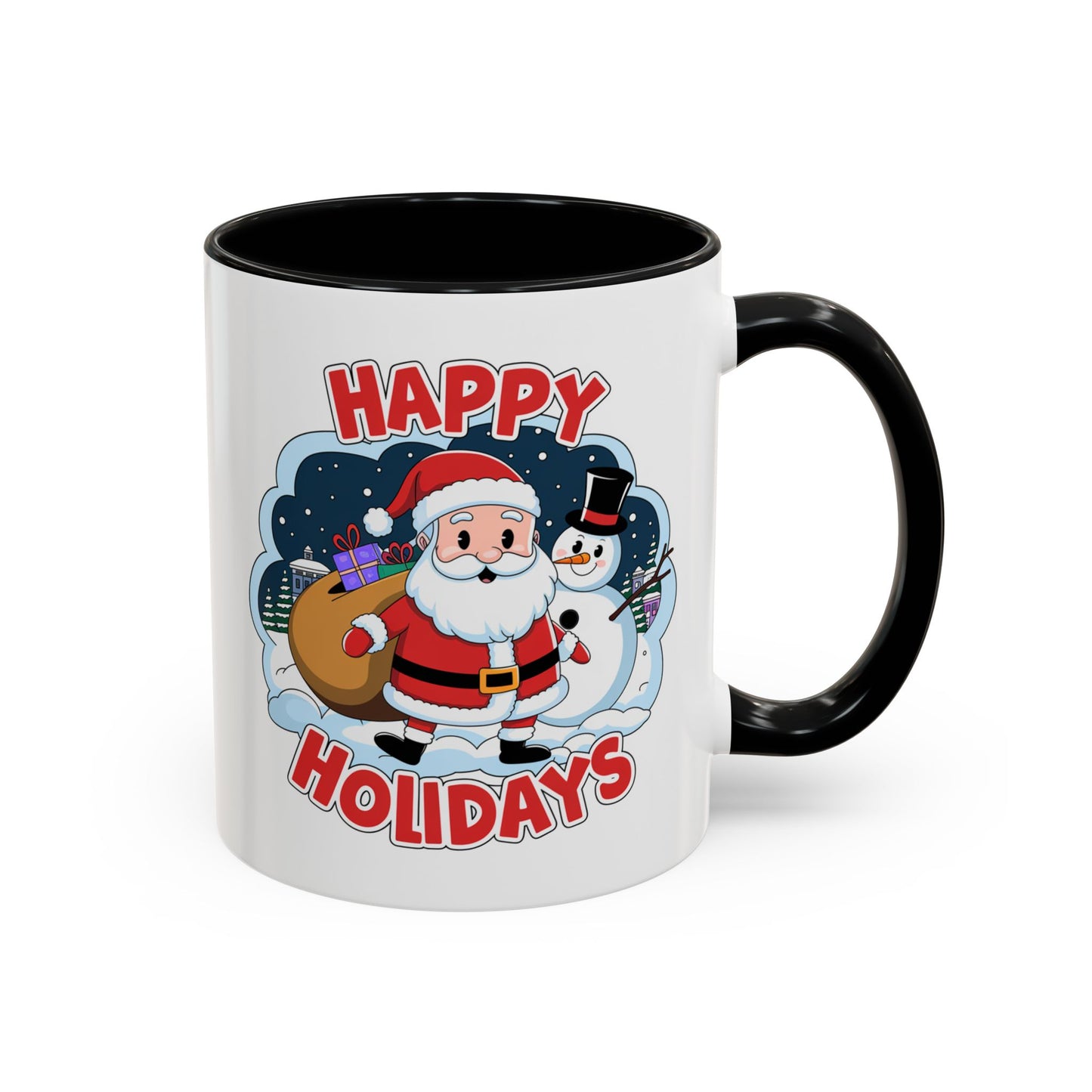 Christmas Mug - Happy Holidays Red & White Text Santa Snowman