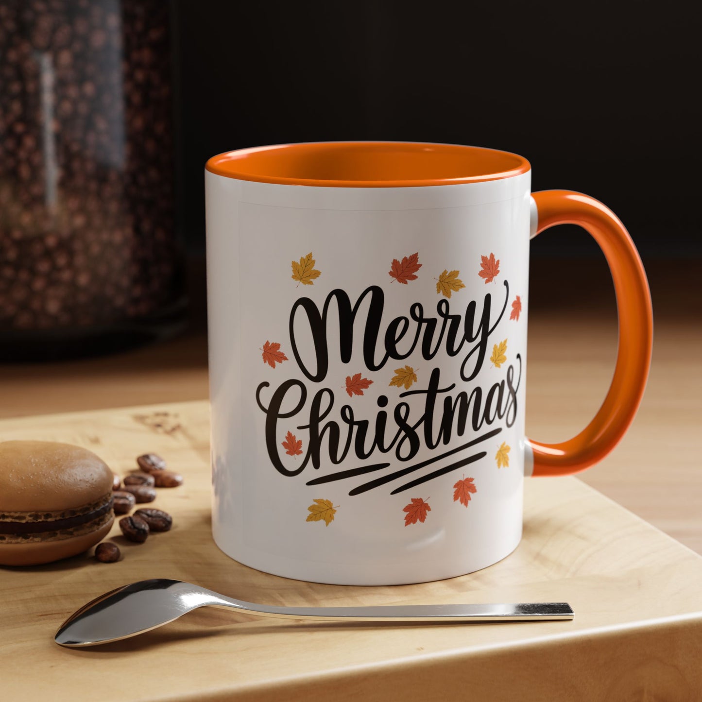 Christmas Mug - Merry Christmas Black Text Fall Leaves