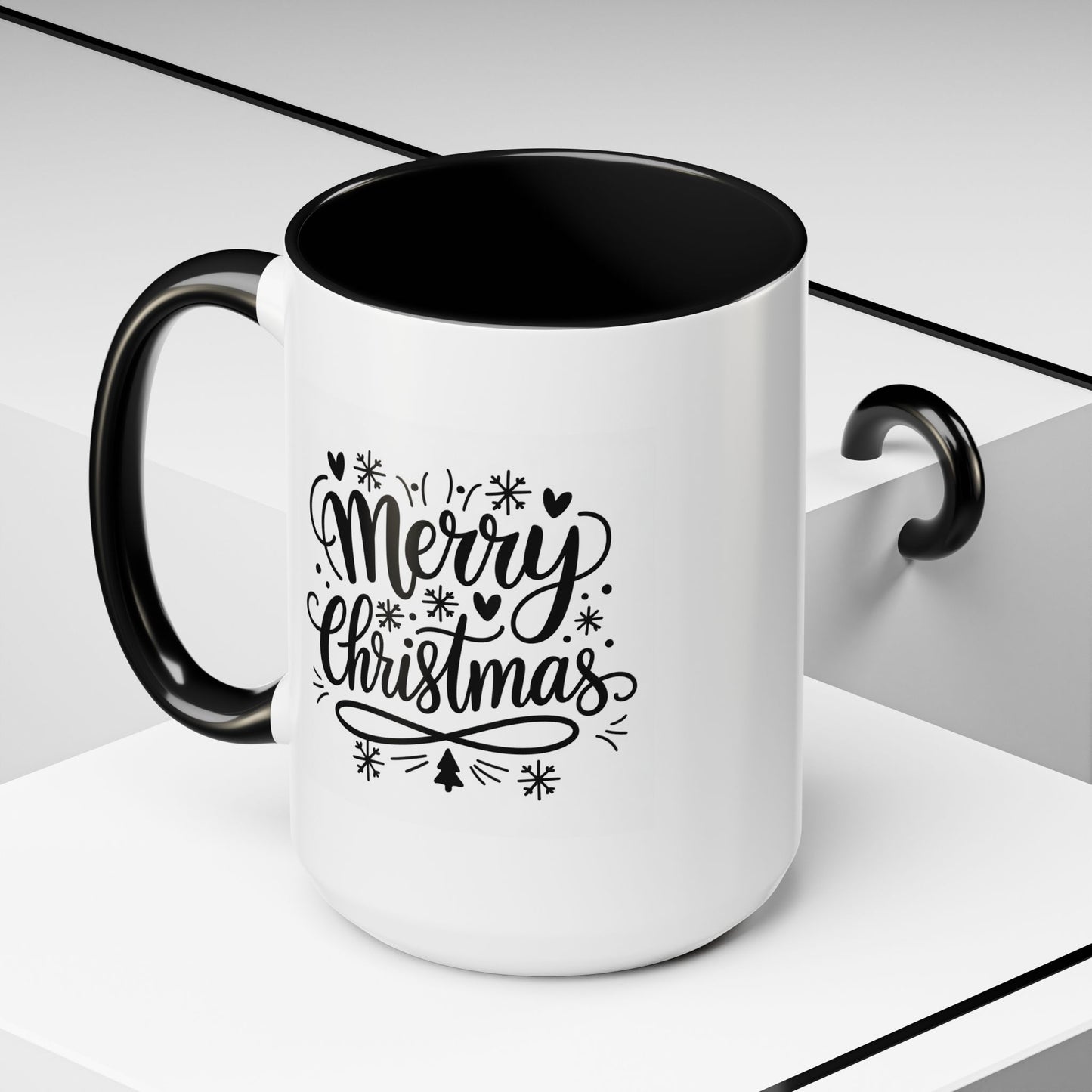Christmas Mug - Merry Christmas Black Text Tree Snowflakes Hearts