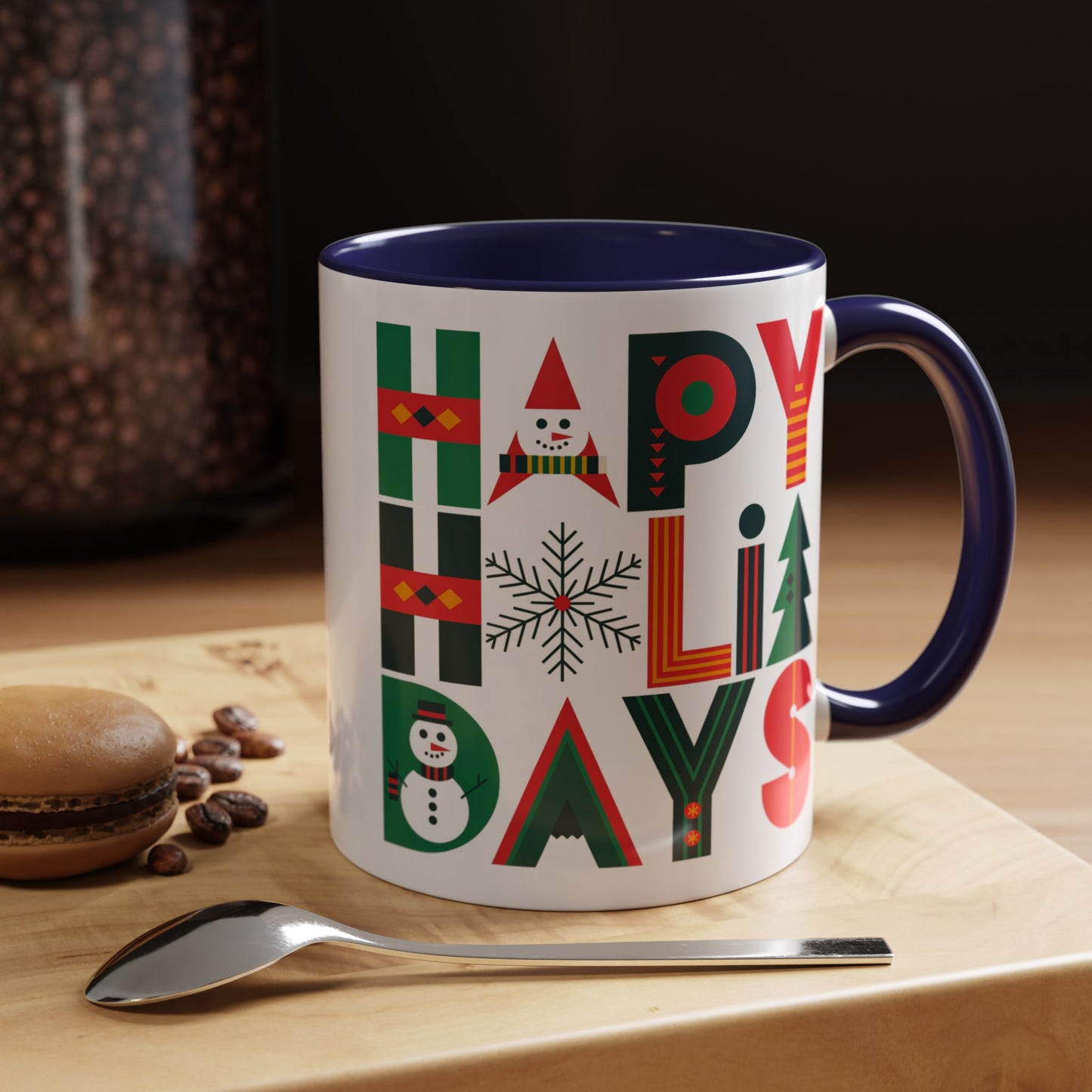 Christmas Mug - Happy Holidays Green Red & Blue Decorative Text