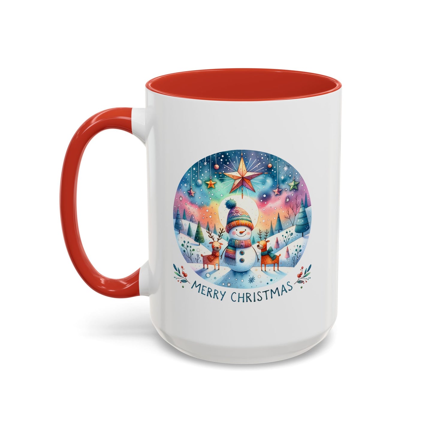 Christmas Mug - Merry Christmas Blue Text Snowman Star Reindeer