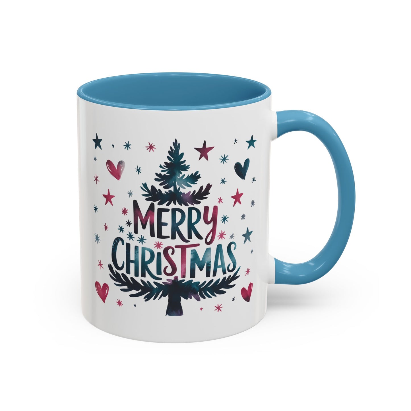 Christmas Mug - Merry Christmas Maroon & Blue Text Tree Hearts Stars