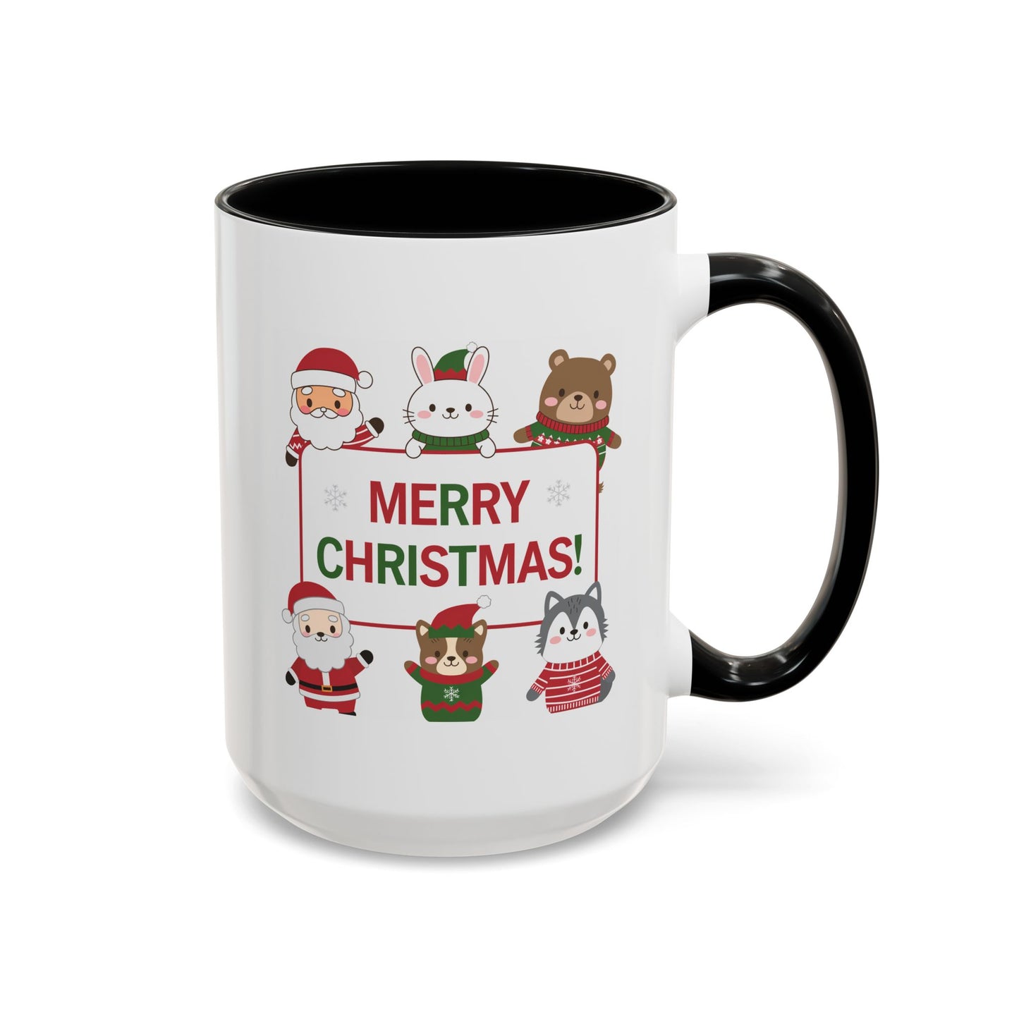 Christmas Mug - Merry Christmas Red & Green Text Santa Cute Animals