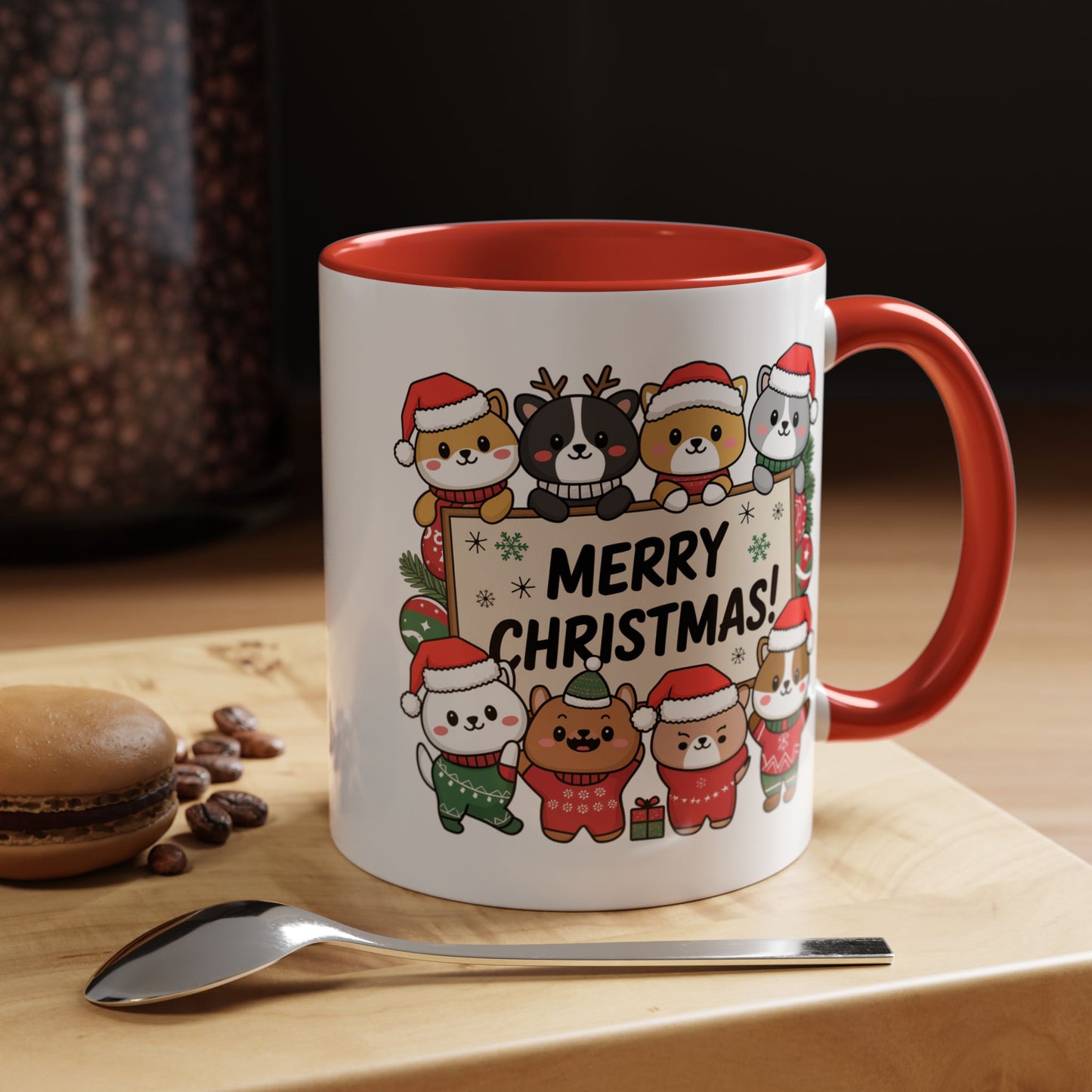Christmas Mug - Merry Christmas Black Text Cute Animals