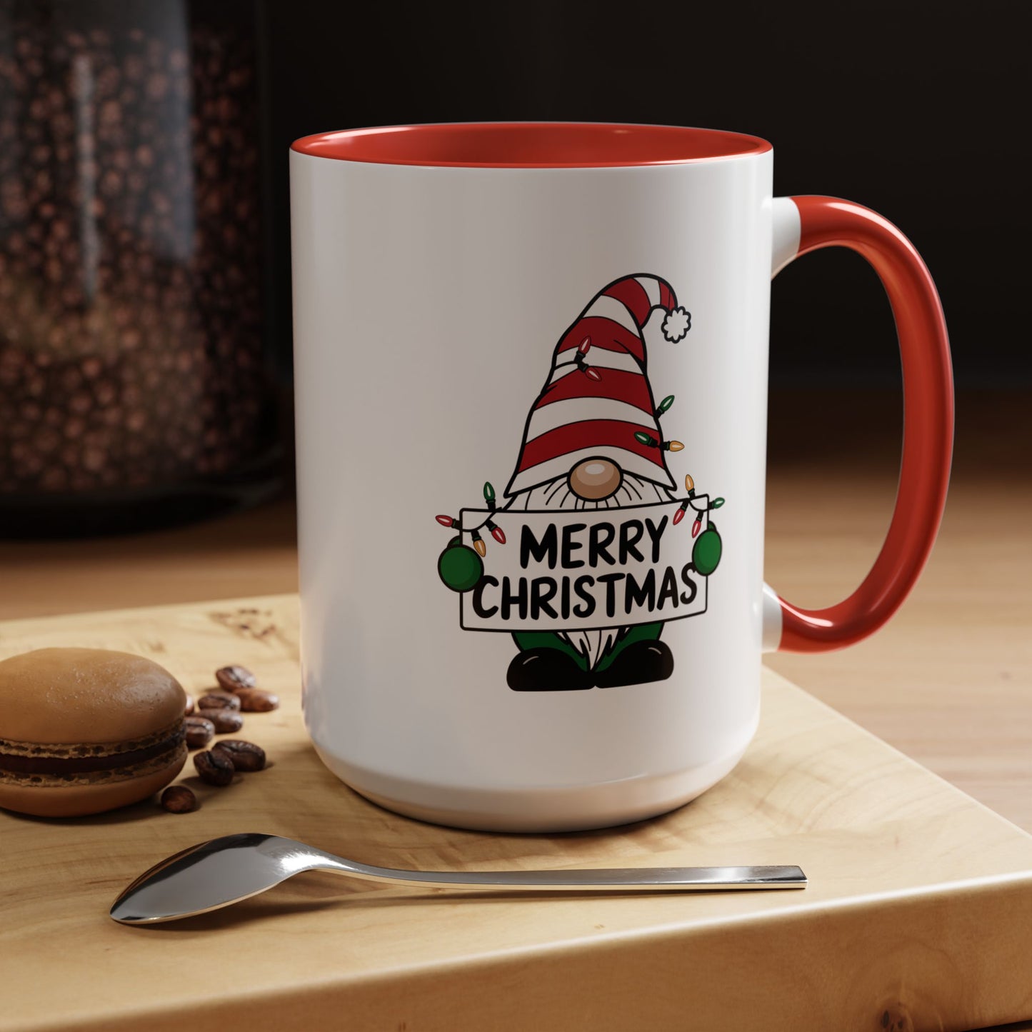 Christmas Mug - Merry Christmas Black Text Gnome Lights