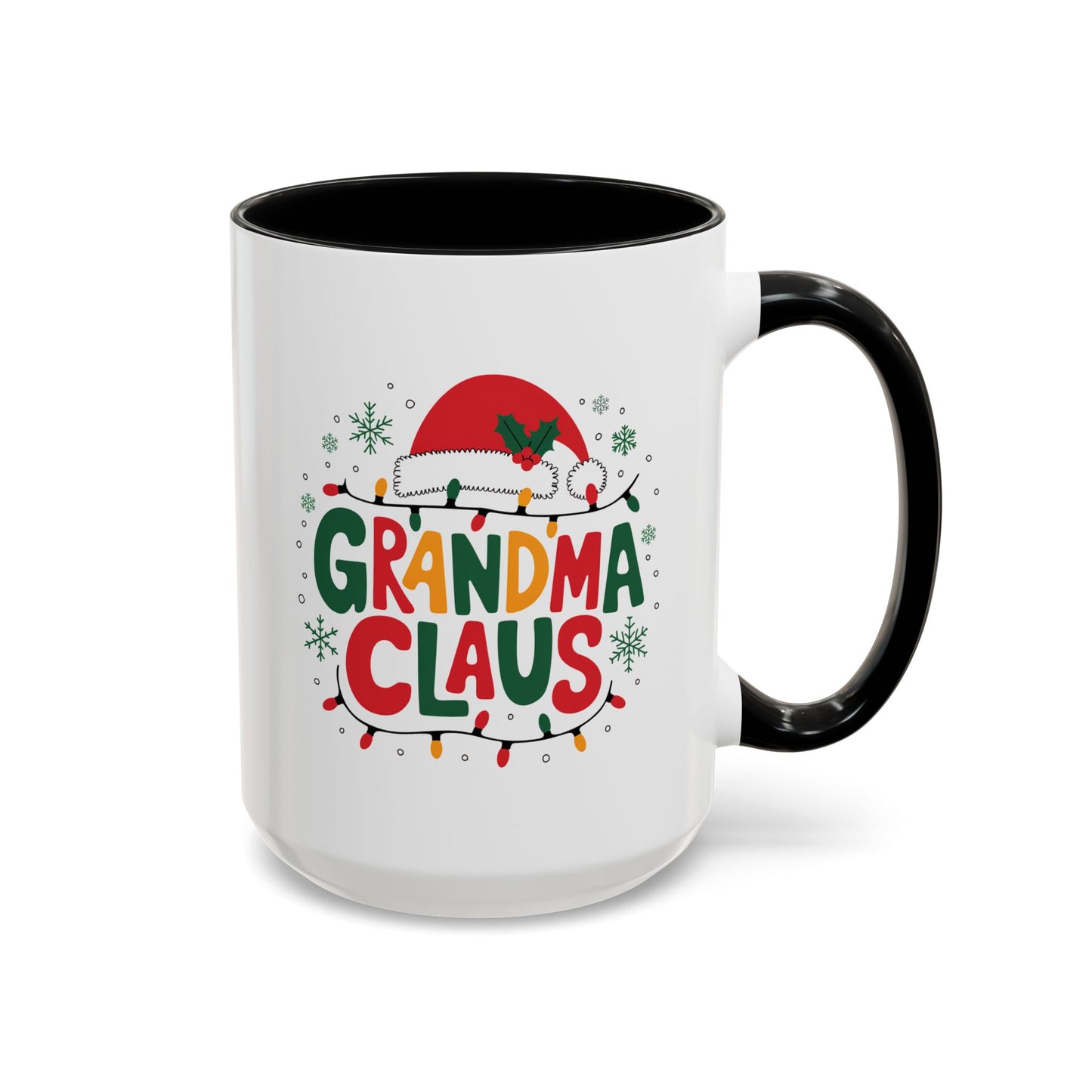 Christmas Mug - Grandma Claus Green Yellow & Red Text Hat Lights Stars