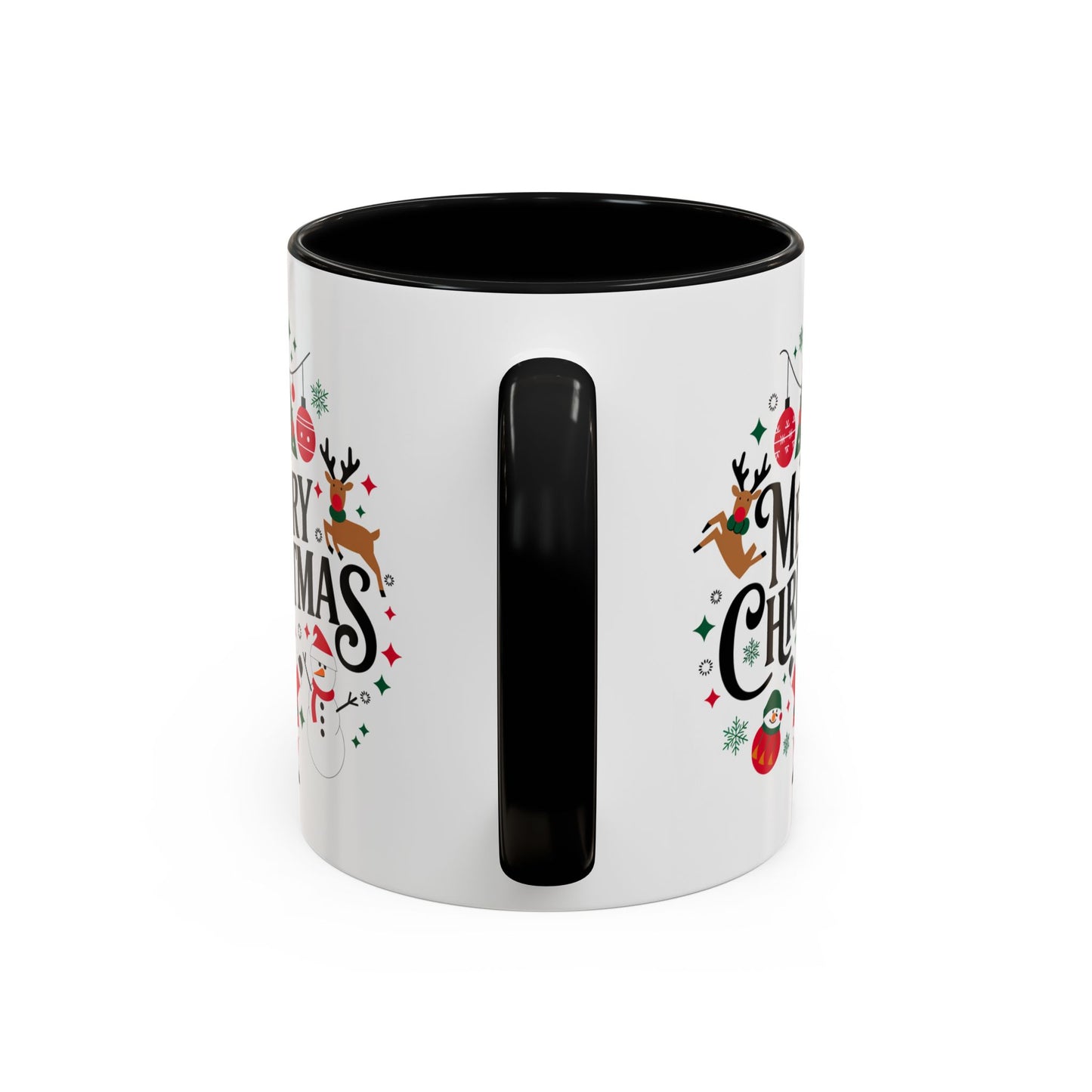 Christmas Mug - Merry Christmas Black Text Santa Reindeer Snowmen Ornaments