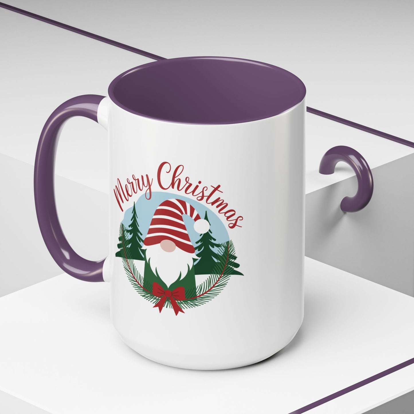 Christmas Mug - Merry Christmas Red Text Gnome Bow Tree