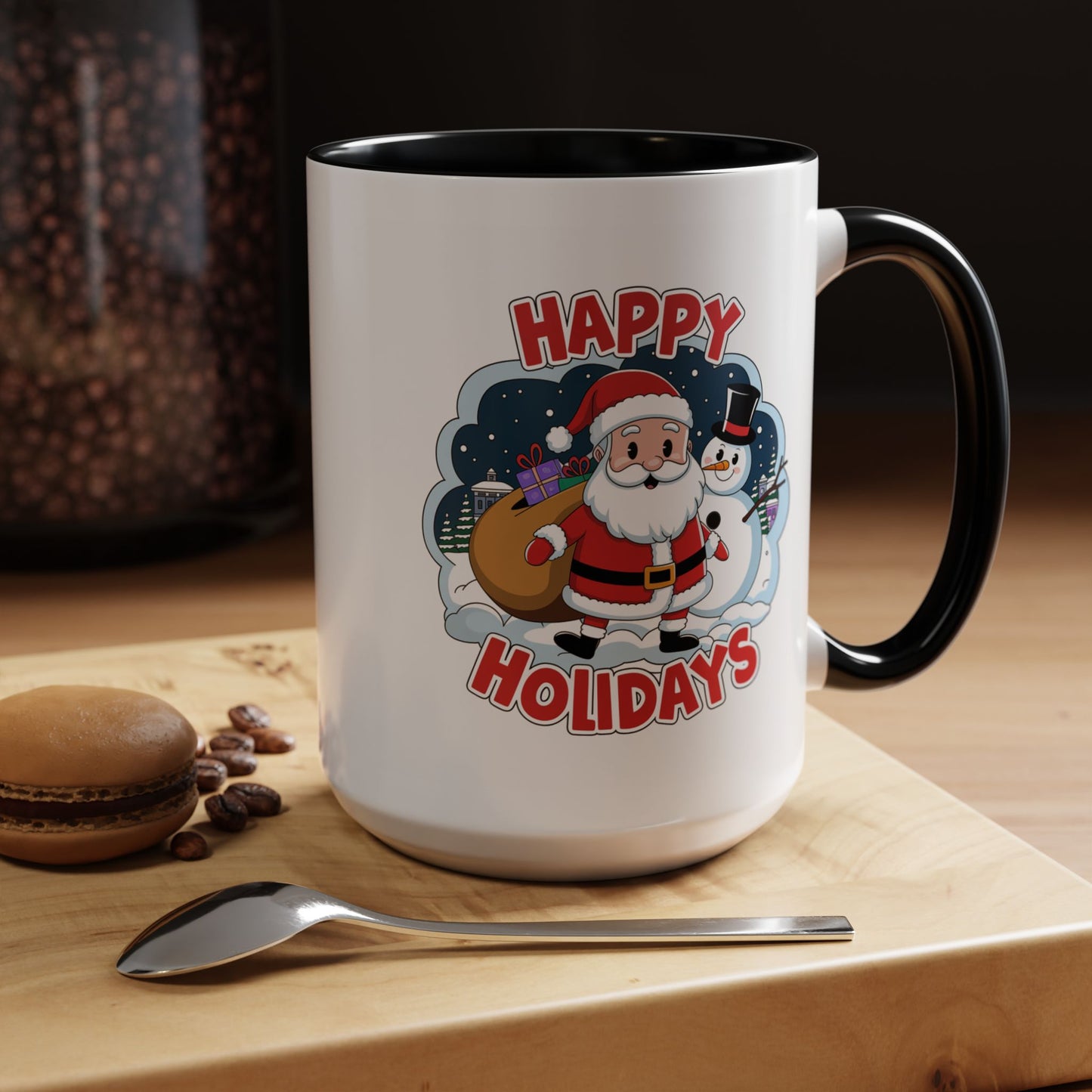 Christmas Mug - Happy Holidays Red & White Text Santa Snowman