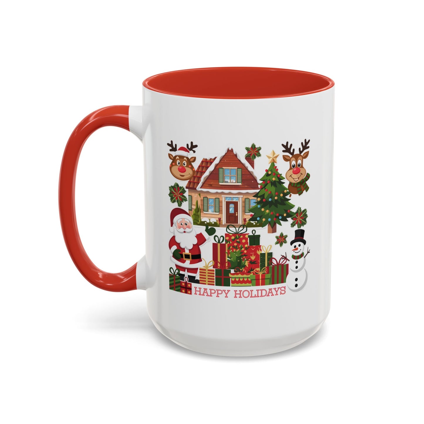 Christmas Mug - Happy Holidays Red Text Reindeer Santa Snowman Presents