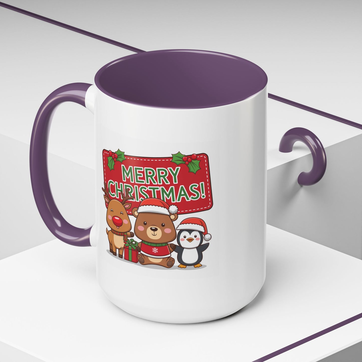 Christmas Mug - Green Text Red Banner Reindeer Bear Penguin