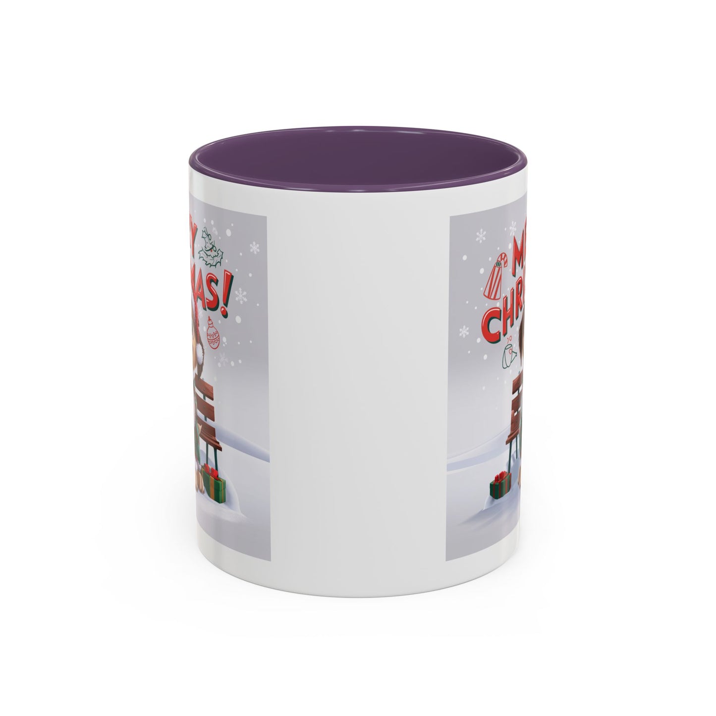 Christmas Mug - Merry Christmas Red Text Puppy Green Top